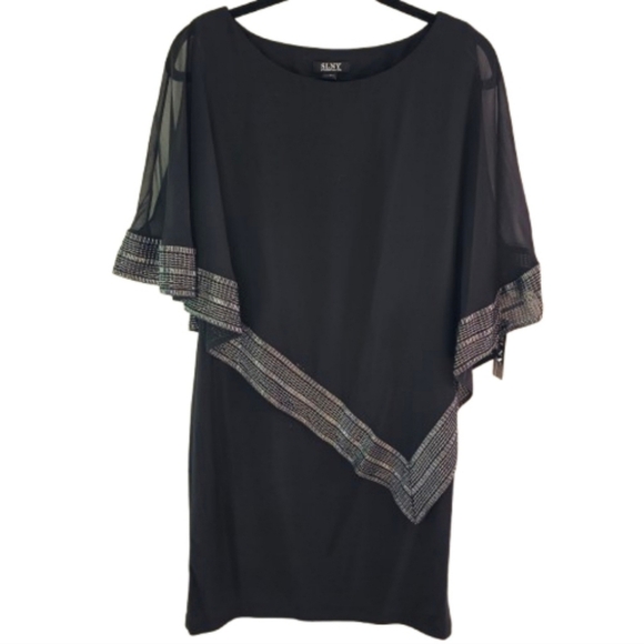 NWT SLNY Foil Trim Assymetrical Chiffon & Jersey Popover Cape Midi Dress Size 6 - Picture 2 of 8